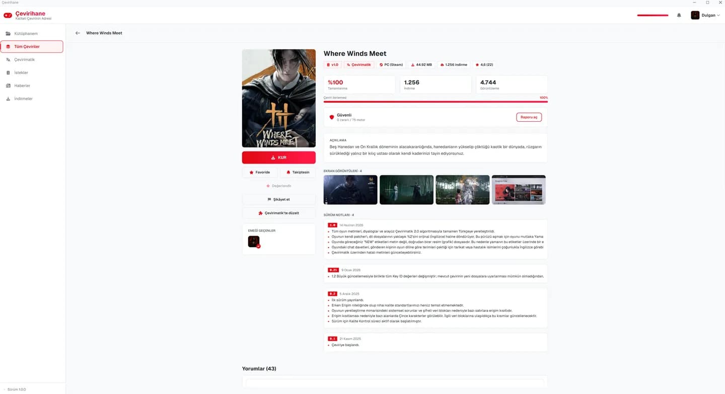 Uygulamadaki çeviri sayfasında VirusTotal sonucu: “Güvenli, 0 zararlı / 75 motor” ve “Raporu aç” düğmesi